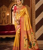 mustard kanjivaram silk blend woven work traditional saree