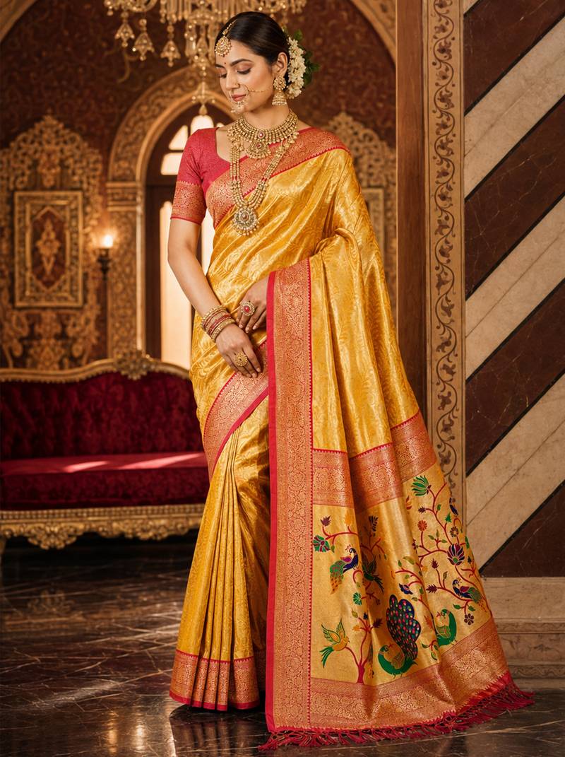 mustard kanjivaram silk blend woven work traditional saree