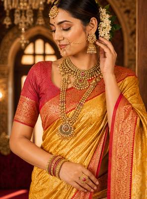 mustard kanjivaram silk blend woven work traditional saree 2