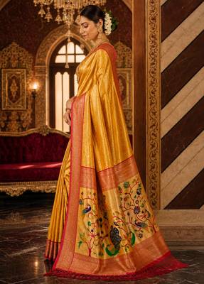 mustard kanjivaram silk blend woven work traditional saree 3