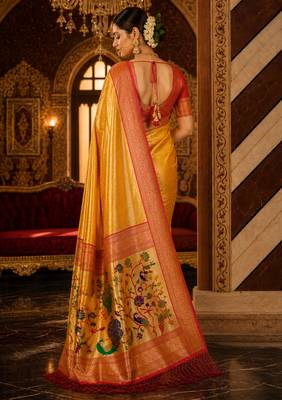 mustard kanjivaram silk blend woven work traditional saree 4