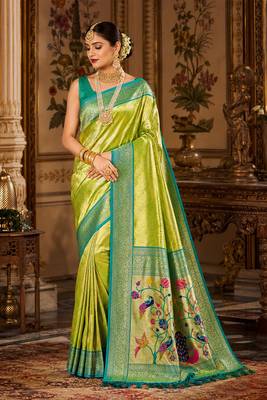 parrot green kanjivaram silk blend woven work traditional saree 1