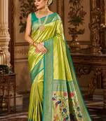 parrot green kanjivaram silk blend woven work traditional saree