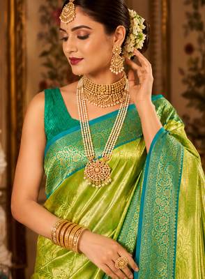 parrot green kanjivaram silk blend woven work traditional saree 2