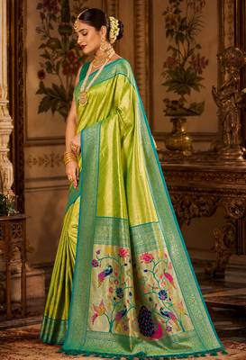 parrot green kanjivaram silk blend woven work traditional saree 3