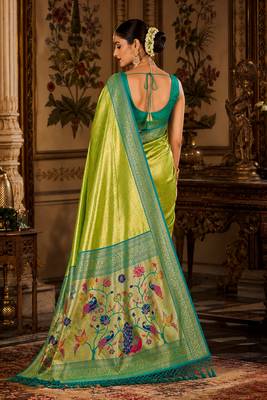 parrot green kanjivaram silk blend woven work traditional saree 4