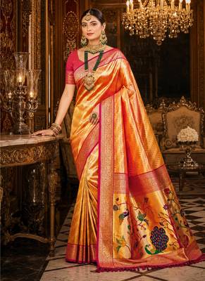 orange kanjivaram silk blend woven work traditional saree 1
