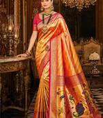 orange kanjivaram silk blend woven work traditional saree