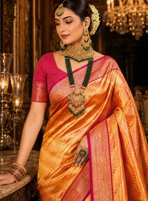orange kanjivaram silk blend woven work traditional saree 2