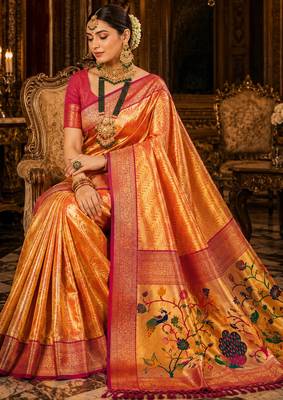 orange kanjivaram silk blend woven work traditional saree 3