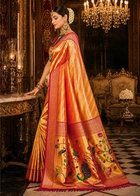 orange kanjivaram silk blend woven work traditional saree 4