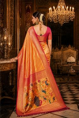 orange kanjivaram silk blend woven work traditional saree 5