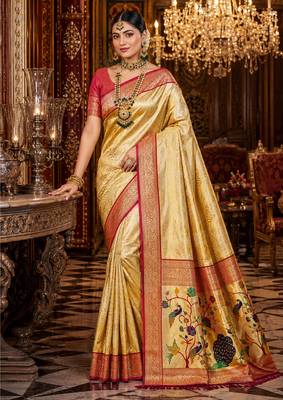beige kanjivaram silk blend woven work traditional saree 1