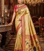 beige kanjivaram silk blend woven work traditional saree