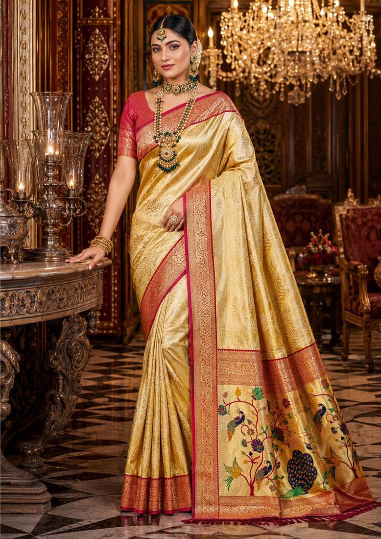 beige kanjivaram silk blend woven work traditional saree