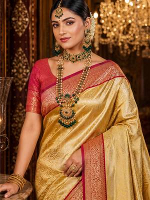 beige kanjivaram silk blend woven work traditional saree 2