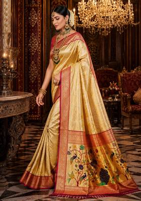 beige kanjivaram silk blend woven work traditional saree 3