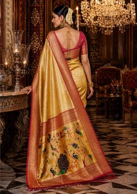 beige kanjivaram silk blend woven work traditional saree 4