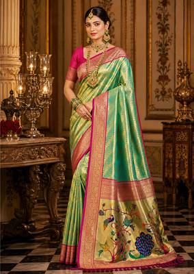 green kanjivaram silk blend woven work traditional saree 1