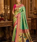 green kanjivaram silk blend woven work traditional saree