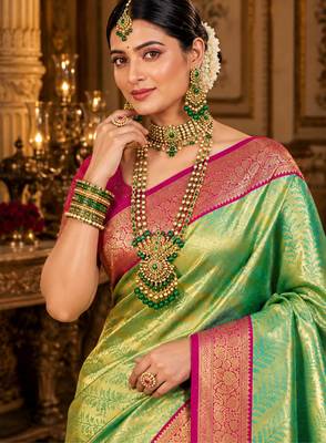 green kanjivaram silk blend woven work traditional saree 2