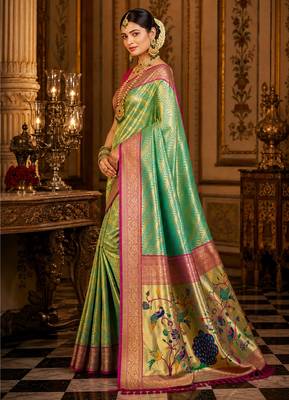green kanjivaram silk blend woven work traditional saree 3