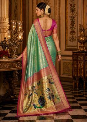 green kanjivaram silk blend woven work traditional saree 4