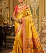 yellow kanjivaram silk blend woven work traditional saree