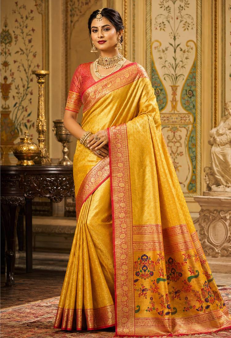 yellow kanjivaram silk blend woven work traditional saree