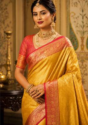 yellow kanjivaram silk blend woven work traditional saree 2