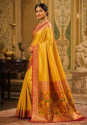 yellow kanjivaram silk blend woven work traditional saree 3