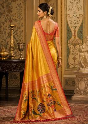yellow kanjivaram silk blend woven work traditional saree 4