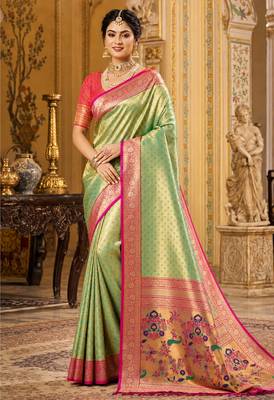 green kanjivaram silk blend woven work traditional saree 1