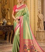 green kanjivaram silk blend woven work traditional saree