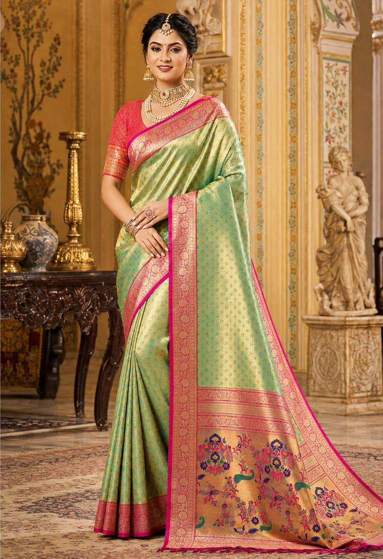 green kanjivaram silk blend woven work traditional saree