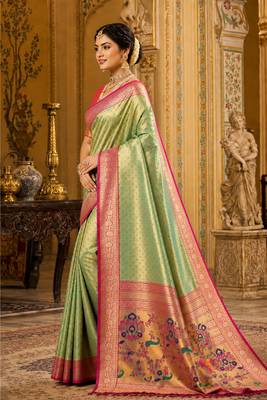 green kanjivaram silk blend woven work traditional saree 3