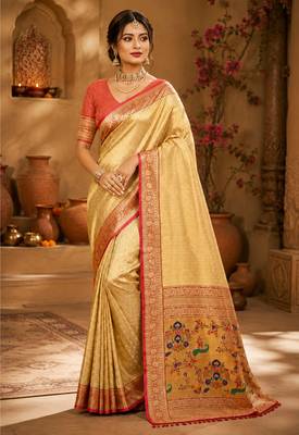 golden yellow kanjivaram silk blend woven work traditional saree 1