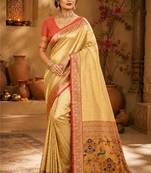 golden yellow kanjivaram silk blend woven work traditional saree
