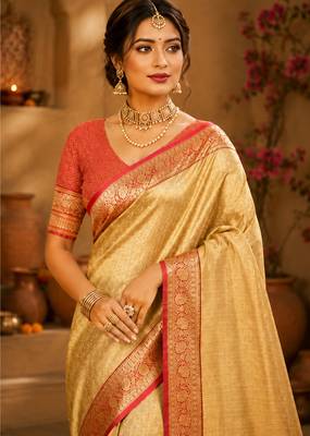 golden yellow kanjivaram silk blend woven work traditional saree 2