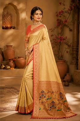 golden yellow kanjivaram silk blend woven work traditional saree 3