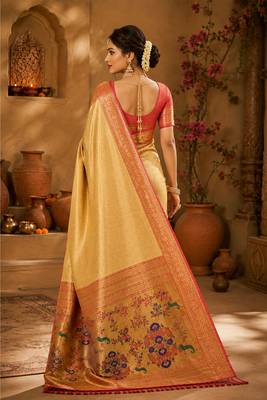 golden yellow kanjivaram silk blend woven work traditional saree 4