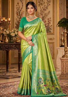 parrot green kanjivaram silk blend woven work traditional saree 1