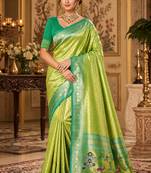 parrot green kanjivaram silk blend woven work traditional saree