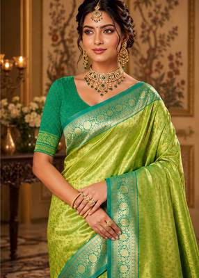 parrot green kanjivaram silk blend woven work traditional saree 2