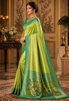 parrot green kanjivaram silk blend woven work traditional saree 3