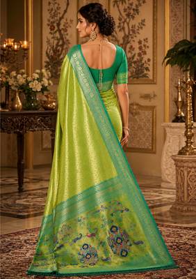 parrot green kanjivaram silk blend woven work traditional saree 4