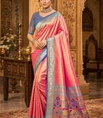 pink kanjivaram silk blend woven work traditional saree