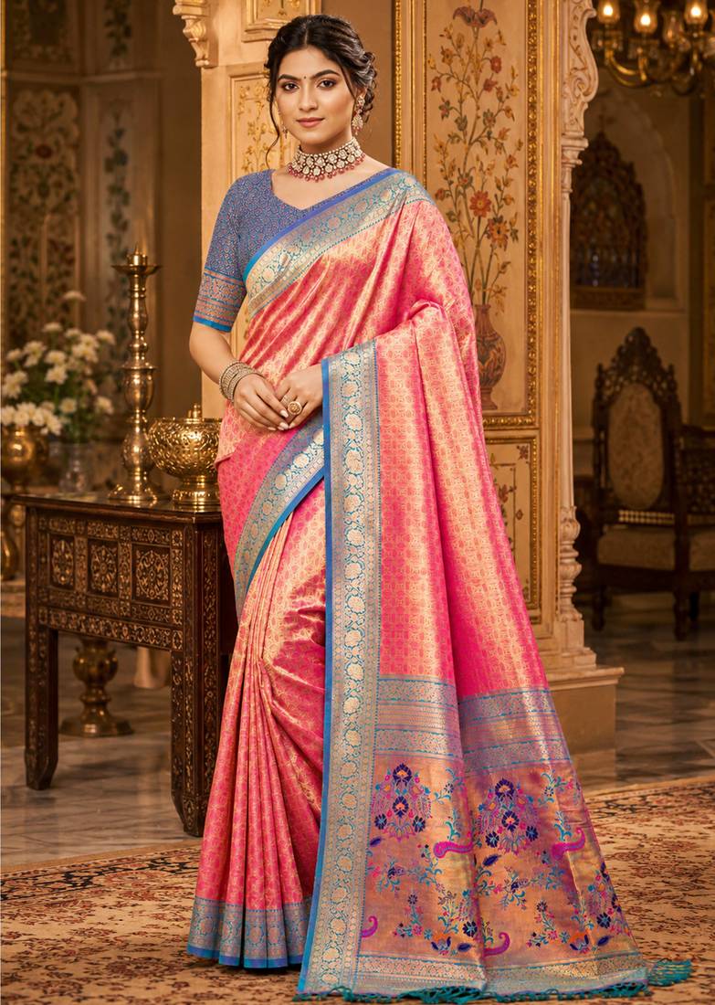 pink kanjivaram silk blend woven work traditional saree