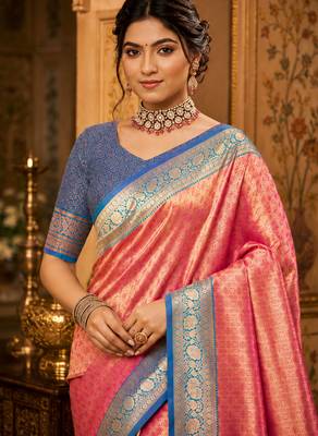 pink kanjivaram silk blend woven work traditional saree 2