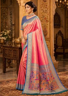 pink kanjivaram silk blend woven work traditional saree 3
